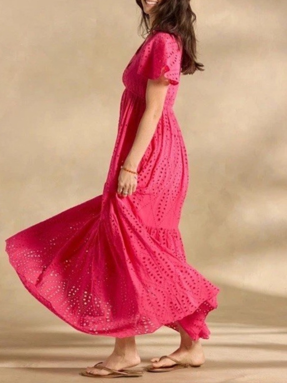 Sundance Juno Eyelet Maxi Dress Pink Pockets Elastic Waist Flutter Sleeves Large - Picture 16 of 16